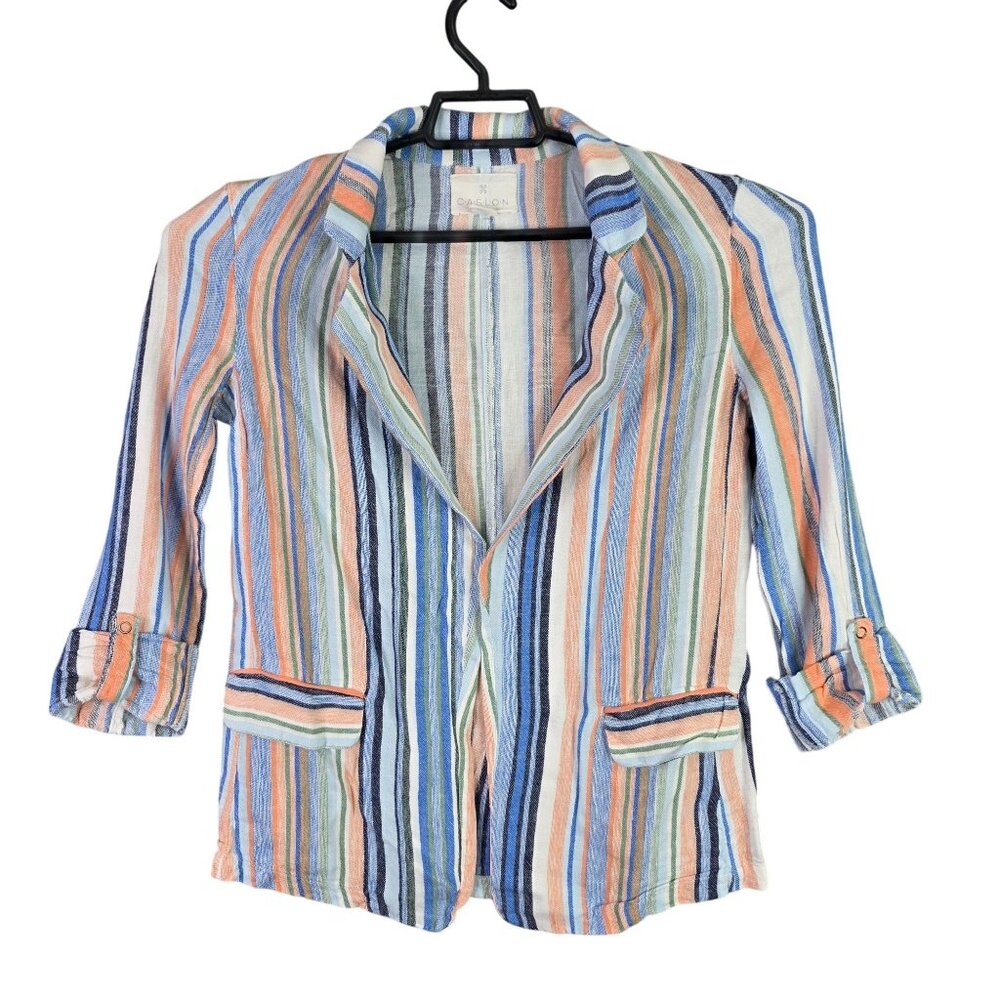 Womens Caslon Linen Blend Blazer Jacket Open Front Multicolor Striped Size S